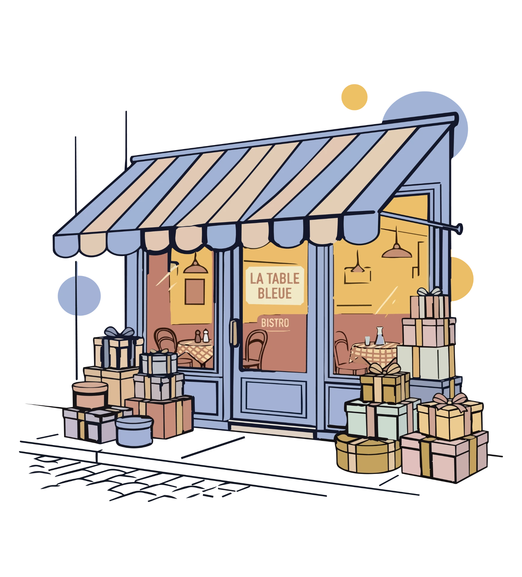 A bistro with stacked gift boxes and rewards